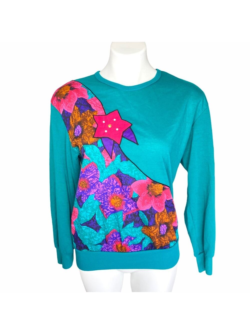 Vintage 80s Fire Islander Floral Sweatshirt Patchwork Embellished Top S/M Retro